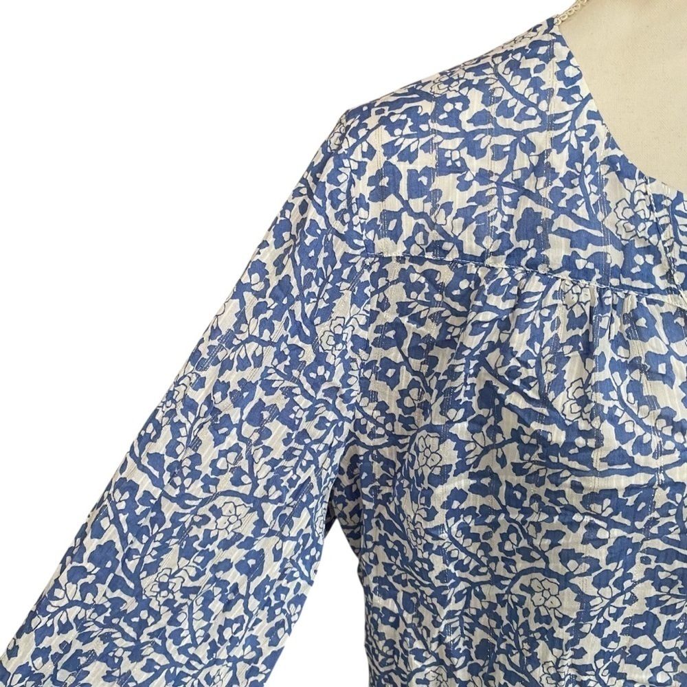 Maison 123 Loana Floral Metallic Blouse French 46 US XL Blue White - Picture 7 of 16